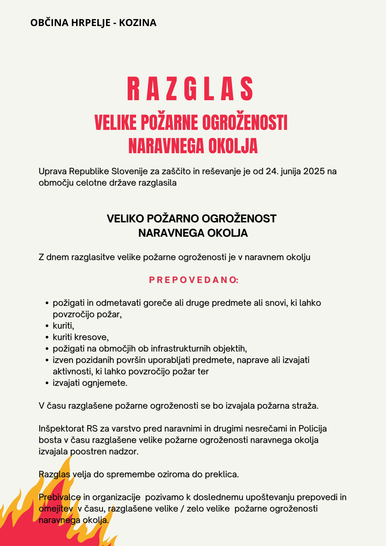 Razglas velike požarne ogroženosti naravnega okolja - 24. 6. 2025 dalje